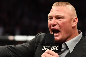 Brock Lesnar speaks during a UFC heavyweight championship fight
