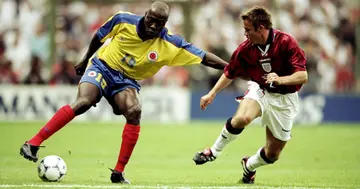 Freddy Rincon takes on Graeme Le Saux of England during the World Cup group G game at the Stade Felix Bollaert in Lens, France, in 1998. Photo: Shaun Botterill /Allsport.