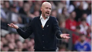  Erik ten Hag on the touchline during Man United's Premier League match vs Brentford at Old Trafford. Photo by Martin Rickett.