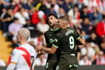 Girona's Ukrainian forward Artem Dovbyk celebrates scoring in his team's win at Rayo Vallecano and continuing his excellent form