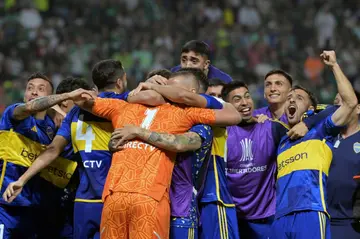 Boca Juniors players celebrate after defeating Palmeiras after a penalty shoot-out in their Copa Libertadores semi-final second leg on Thursday