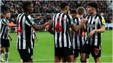 Newcastle United players celebrate after scoring the opening goal during the Carabao Cup Third Round match against Manchester City at St James' Park. Photo by NUFC.