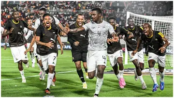 South African players celebrate their goal during the Africa Cup of Nations 2023 Round of 16 match against Morocco. Photo: Sia Kambou.