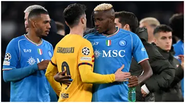 Victor Osimhen shakes hands with Robert Lewandowski after the UEFA Champions League 2023/24 round of 16 first-leg match between Napoli and Barcelona. Photo: Francesco Pecoraro.
