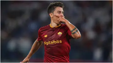 Paulo Dybala celebrates after scoring during the Serie A match between AS Roma and AC Monza at Stadio Olimpico. Photo by Paolo Bruno.