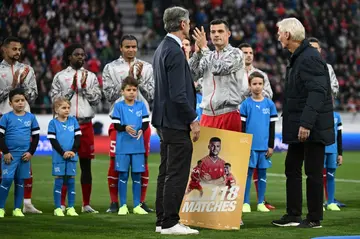 Midfielder Granit Xhaka was honoured for winning a record-equalling 118th Swiss cap