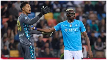 Victor Osimhen and Maduka Okoye during the Serie A match between Udinese and Napoli at Stadio Friuli on Monday, May 6. Photo: Emmanuele Ciancaglini.
