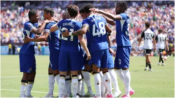 Thiago Silva of Chelsea celebrates with teammates after scoring during the Premier League Summer Series match between Chelsea FC and Fulham FC at FedExField. Photo by Patrick Smith.