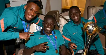 N'Golo Kanté , Callum Hudson-Odoi and Malang Sarr celebrating their Club World Cup success. Credit: @ChelseaFC