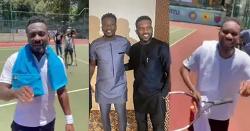 Jay Jay Okocha and Asamoah Gyan after a tennis game. SOURCE: Tik Tok/ mpraiz Twitter/ @ghanasoccernet