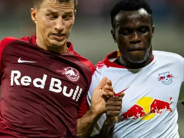 Locking horns: Salzburg's Stefan Lainer and Leipzig's Bruma go shoulder to shoulder in 2018 while promoting the same energy drink