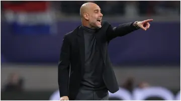 Pep Guardiola gestures during the UEFA Champions League Group G football match between RB Leipzig and Manchester City. Photo by Ronny Hartmann.