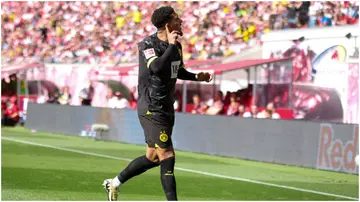 Jadon Sancho Dortmund celebrates after scoring during the Bundesliga match between RB Leipzig and Borussia Dortmund at Red Bull Arena. Photo by Maja Hitij.