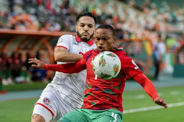 Wajdi Kechrida (L) of Tunisia and Riaan Hanamub of Namibia fight for possession.