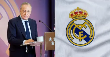 Real Madrid president, Florentino Perez, at the podium on the left with Real Madrid's club insignia on the right.