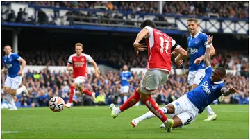 Gabriel Martinelli scores Arsenal's first goal, which is later disallowed for offside after a VAR check. Photo by Stu Forster.