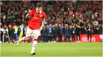 Victor Lindelof celebrates after scoring during the Emirates FA Cup Semi-Final between Brighton and Manchester United at Wembley Stadium. Photo by James Williamson.