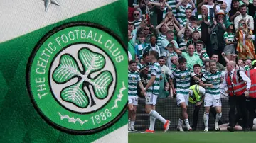 The Glasgow Celtic FC club badge and players cheering