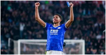 Wesley Fofana celebrate after winning during the UEFA Conference League Quarter Final Leg Two match between PSV Eindhoven and Leicester City. Photo by NESImages.