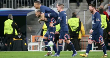 Kylian Mbappe of PSG celebrates his goal with Neymar Jr, Marco Verratti, Lionel Messi during the UEFA Champions League antiago Bernabeu on March 9, 2022 in Madrid, Spain. (Photo by John Berry