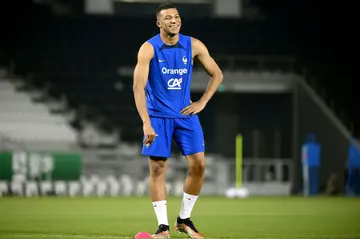 Kylian Mbappe at a France team training session in Doha on Friday
