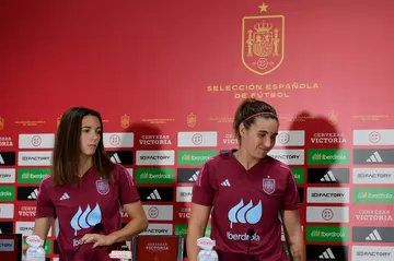 Spain's Aitana Bonmati (L) and Mariona Caldentey spoke to reporters in Cordoba ahead of the Nations League clash with Switzerland