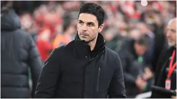 Arsenal manager Mikel Arteta looks on before the Premier League match between Liverpool FC and Arsenal FC at Anfield. Photo by Stuart MacFarlane.