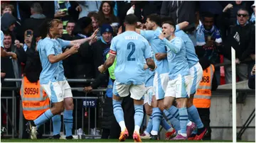 Bernardo Silva celebrates his goal during the FA Cup semi-final match between Chelsea and Manchester City at Wembley Stadium. Photo by MI News.