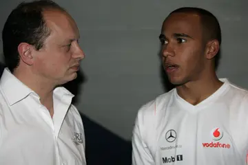 Frederic Vasseur and Lewis Hamilton in Barcelona
