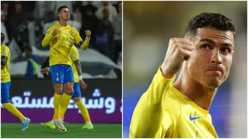 Cristiano Ronaldo celebrates after scoring the first goal for Al-Nassr during their SPL tie with Al-Shabab at the Al-Shabab Club Stadium on February 25.