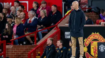 Erik ten Hag looks on during the Premier League match between Manchester United and Wolves at Old Trafford. Photo by Ash Donelon.