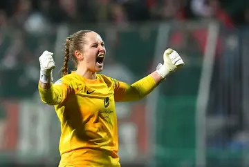 Brann goalkeeper Aurora Mikalsen celebrates her side's goal in the 1-0 win over Slavia Prague that took the Norwegian side into the last eight of the Women's Champions League