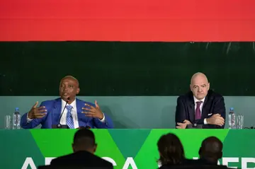 CAF president Patrice Motsepe (L) and FIFA boss Gianni Infantino at the launch of the Africa Super League in Arusha, Tanzania, on August 10, 2022.