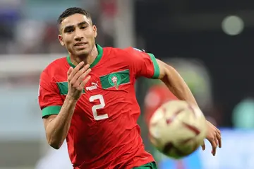 Morocco defender Achraf Hakimi runs for the ball during the 2022 World Cup third place play-off against Croatia in Qatar.