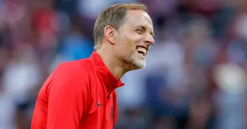 Bayern Munich coach Thomas Tuchel spotted laughing.