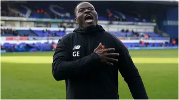 George Elokobi celebrates the win after the Emirates FA Cup fourth-round match at Portman Road. Photo by Joe Giddens.