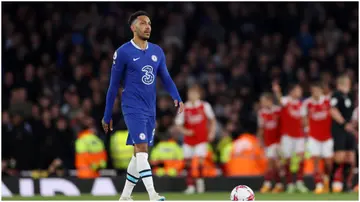 Pierre-Emerick Aubameyang looks dejected during the Premier League match between Arsenal FC and Chelsea FC at Emirates Stadium. Photo by Alex Pantling.