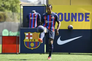Jules Kounde showing his skills as he is introduced as a Barcelona player