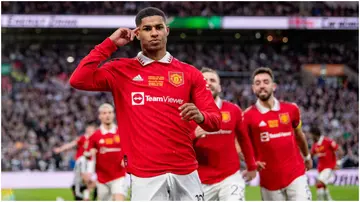 Marcus Rashford celebrates after scoring during the Carabao Cup Final match between Manchester United and Newcastle United at Wembley Stadium. Photo by Ash Donelon.