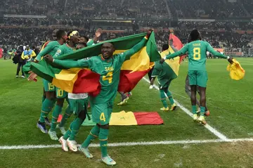 Final flourish: Senegal defender Mamadou Sane celebrates with the national flag after Saturday's final