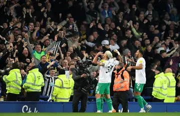 Fan favourite: Joelinton celebrates scoring Newcastle's second goal in the 4-1 rout of Everton