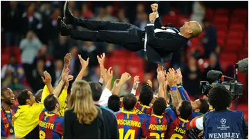 Pep Guardiola, Javier Mascherano, Andres Iniesta, Xavi Hernandez, Manchester United, UEFA Champions League final 2011, Wembley Stadium.