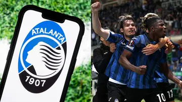 The Atalanta BC logo and players cheering