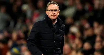 Ralf Rangnick during the UEFA Champions League round of 16 leg match at Old Trafford. Photo by Martin Rickett.