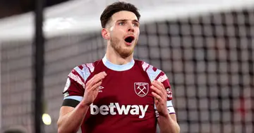 Declan Rice reacts during the Premier League match between West Ham United and Everton FC at London Stadium. Photo by Alex Pantling.