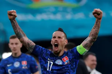 Marek Hamsik, cebrating a Slovakia victory over Poland in Euro 2020, is retiring