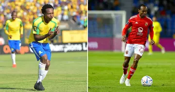 Percy Tau playing for Mamelodi Sundowns and Al Ahly.