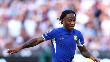 Raheem Sterling of Chelsea controls the ball during the Premier League match against West Ham United at London Stadium on August 20, 2023, in London, England.