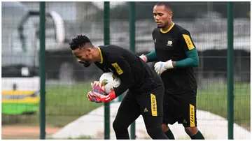 Bafana goalkeeper Veli Mothwa (left) has been note been included in the latest squad by coach Hugo Broos. Photo: Sia Kambou.