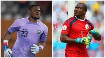 Chippa United's Stanley Nwabali and ex-Nigeria goalkeeper Vincent Enyeama. Photos: Visionhaus and Paul Gilham.